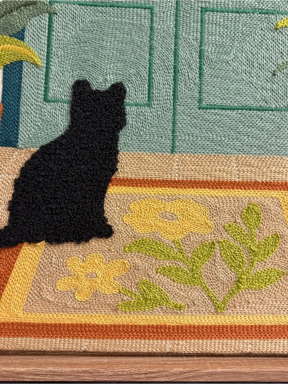 NEW BP Home Woven Embroidery Wall Art Black Cat at Door Plants 17